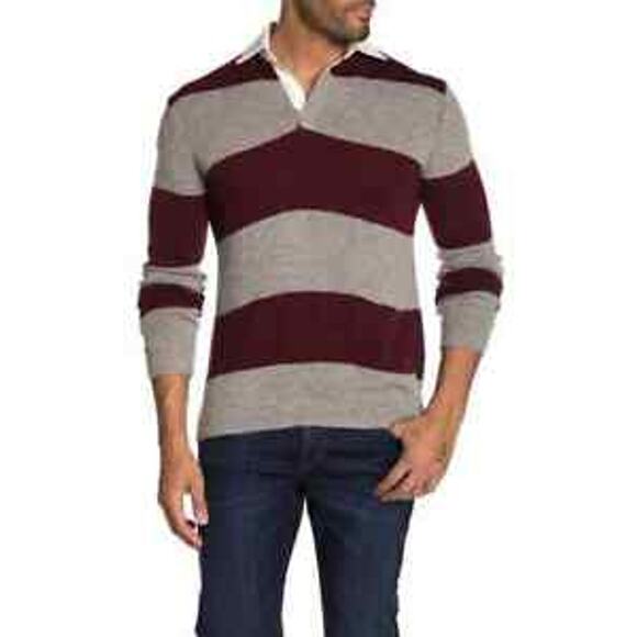 Varsity Stripe Polo Sweater Gray Burgundy XL Quiet Luxury Slate & Stone $158 NEW - Picture 1 of 5